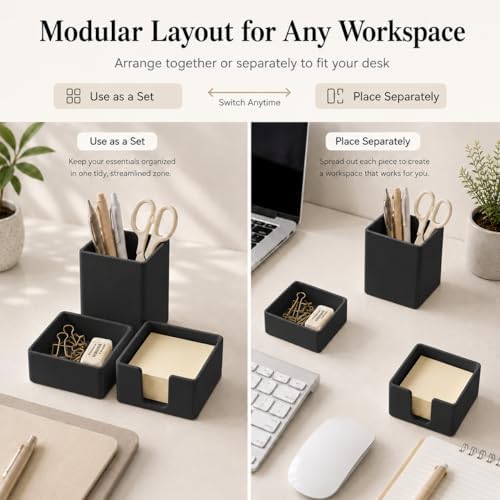 minimaliving Aesthetic Silicone Desk Organizer Set of 3,Modern Office Desk Accessories with Pen Holder,Paperclip Tray,Sticky Note Holder,Stylish Functional Office Desk Decor for Back-to-school(Black)