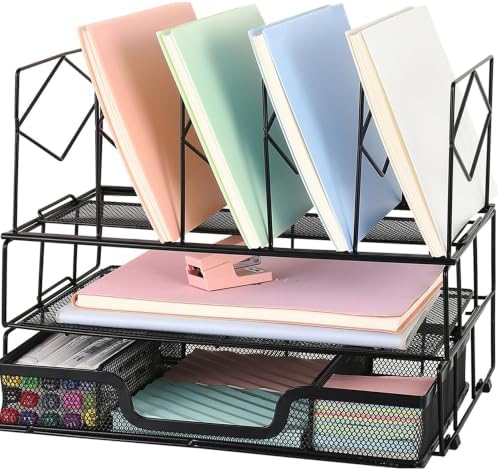 Desk Organizers and Accessories, 2-Tier Desk Organizer with Drawer, Black