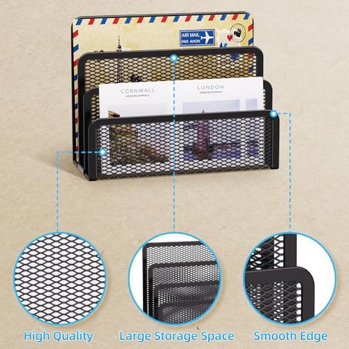 Marbrasse Mail Organizer for Desk, 3-Slot Mesh Metal Mail Holder countertop, Letter Holder, Office Desktop Envelope and Document Storage Rack (2P)