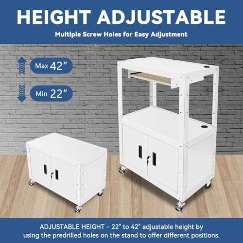 Auto Dynasty Rolling AV Cart, Height Adjustable with Lock Storage, White