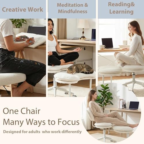 Cross Legged Chair with 360° Swivel Footrest, Criss Cross Office Chair for Plus Size, Teddy Fleece Armless Desk Chair with Wheels, Memory Foam Cozy Active Sitting Chair for Home Office,