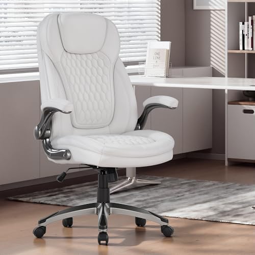 COLAMY Executive Office Chair-Ergonomic Computer Desk Chair, High Back Leather Chair with Padded Flip-up Arms, Swivel Home Office Chair Upgraded Caster, White
