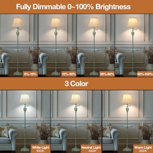 Traditional Floor Lamp withTray,Remote Dimmable,350°Swing Arm Antique Green