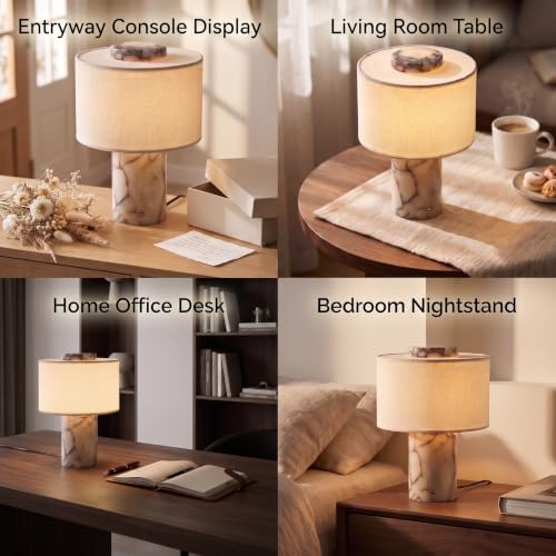 Ivory‑White with Veins Natural Marble Touch Table Lamp 3 Color Temperatures & Stepless Dimmable Bedside Lamp，Nightstand Desk Lamp for Bedroom Living Room Office Decor Gift，H 9.84Inch