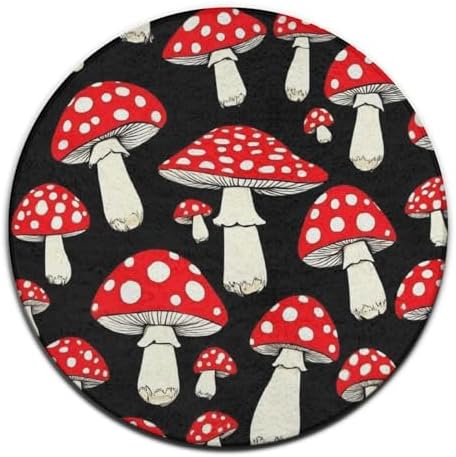 Fashion Round Area Rug Large Non Slip Carpet, Black Red Mushroom Lovers Unisex Home Decor Mat
