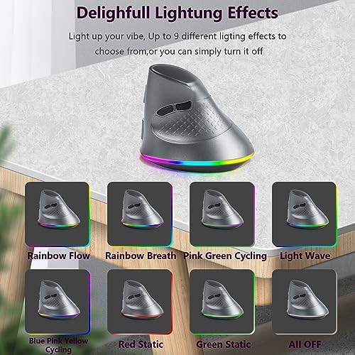 Wireless Mouse, Vertical Ergonomic Mouse 2.4G Bluetooth Dual Mode 3 DPI Rechargeable Connect Multiple Devices Vertical Mouse 6 Buttons and RGB Lights Suitable for PC Laptop Computer(Grey)