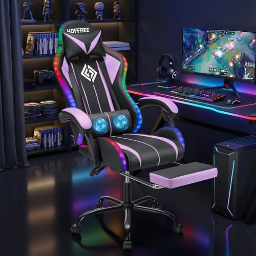 HOFFREE LED Gaming Chair with Massage RGB Light Computer Game Chair-Purple