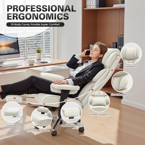 BestGlory Office Desk Chair, Big and Tall Leather Gaming Chair with Footrest, Ergonomic Comfy Executive High-Back Reclining Computer Chairs, Wide Swivel Rolling Wheels and Padded Lumbar Support, White
