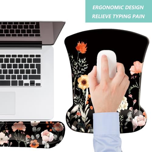 Keyboard Wrist Rest Pad Mouse Pad with Wrist Support Set of 3, Gaming Mousepad with Non-Slip Rubber Base, Ergonomic Memory Foam Mouse Cushion Support for Home Office Laptop Computer, Flower Black