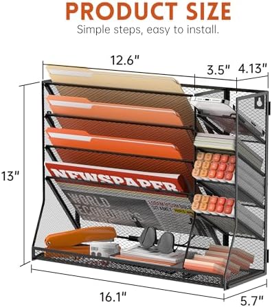 5-Tier Wall File Organizer with 4 Pen Holders and R-Shaped Tray, Black