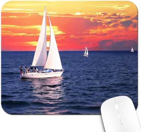 9.5x7.9 Inch Office/Gaming Mouse Pad, Nautical Sailboat on Expansive Ocean Serene Voyage at Sunset Colored Sky Tranquil Horizon Scenery, Cute Anti-Slip Mat for Desk Decor