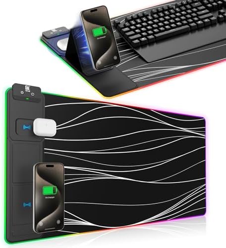 XXL Mouse Pad with Phone Holder - Black, RGB Desk Mat with 15W Fast Charging, LED Gaming Mousepad with 11 Light Colors, Waterproof Non-Slip Pad for Office & Home (Wave)