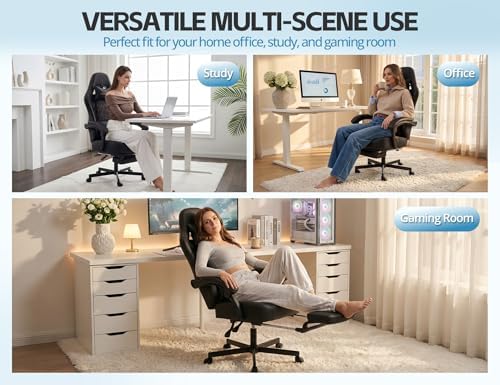 Office Chair for Home Office, Ergonomic Wide Seat Desk Chair with Pocket Spring Cushion, Breathable Leather Gaming Chair with Adjustable Headrest and Retractable Footrest，Black