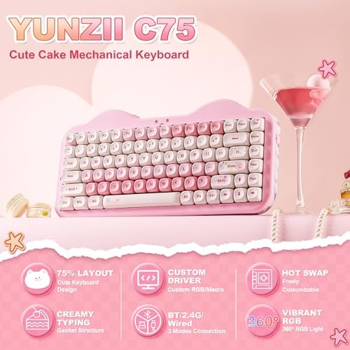 YUNZII C75 Cute 75% Wireless Mechanical Keyboard (Pink, Milk Switch)