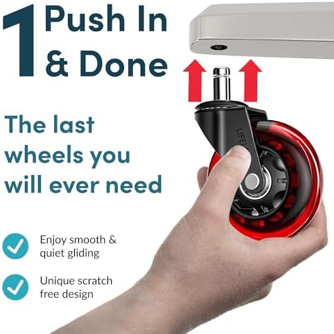 Lifelong Office Chair Wheels Replacement, Heavy Duty, Red, 5-Pack Fits 98%