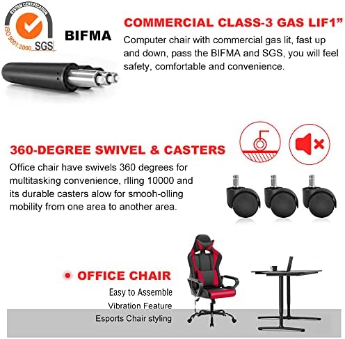 PC Gaming Chair Office Chair Racing Desk Chair with Lumbar Support Arms Headrest Massage High Back PU Leather Ergonomic Computer Chair Rolling Adjustable Swivel Chair for Women Men Adult, Red