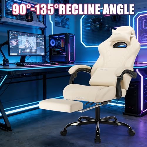 Gaming Chair with Footrest and Massage Lumbar Support, Ergonomic Computer Gamer Chair, Office Video Game Chairs with Adjustable Height and Backrest (Beige)