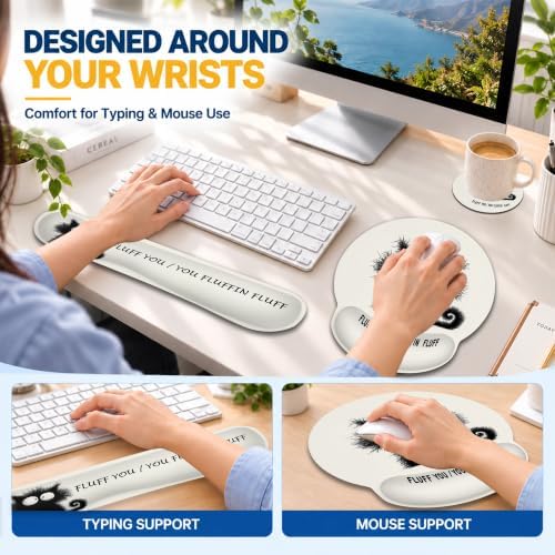 Funny Black Cat Ergonomic Wrist Rest Mouse Pad Set with Keyboard Cushion