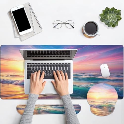 Britimes Keyboard Mouse Pad Set, 4 in 1 Desk Mat Set, Sunset Beach