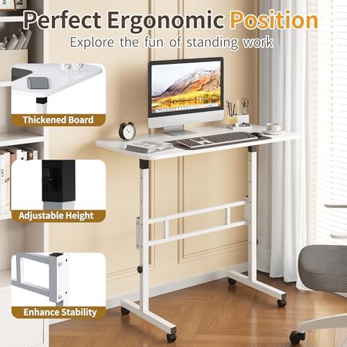 Panana Small Standing Desk Adjustable Height, Mobile Rolling Stand Up Desk with Wheels, 32 Inch Portable Rolling Desks Computer Office Workstations Walking Pad (White)