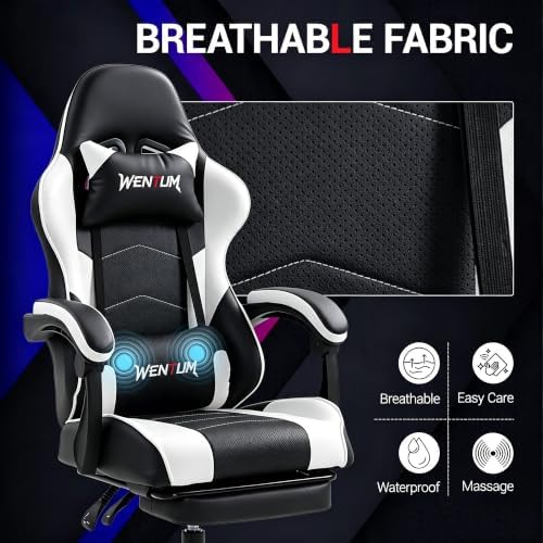 Gaming Chair with Footrest for Adults, PU Leather Massage Racing Video Game Chair with Lumbar Support for Men Women, Ergonomic Computer Gamer Chair for Home Office, Height Adjustable, White