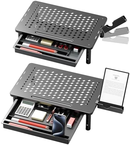 Computer Monitor Stand Riser with Storage, 3 Height Adjustable Laptop Desktop Monitor Stand with Drawer, Metal Short Printer Table, Stand Riser for Desk, Office Desk Organizers and Accessories, 2 Pack