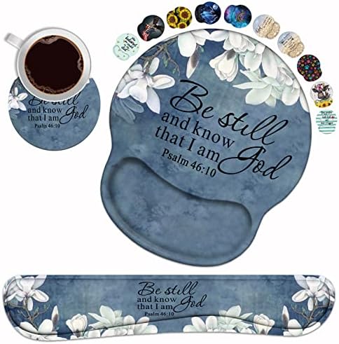 Keyboard Wrist Rest and Mouse Pad Wrist Support Set with Coasters, Christian Bible Verse Psalm 46:10 Wrist Mouse Pad with Non-Slip PU Base for Home Office Working Studying Easy Typing & Pain Relief