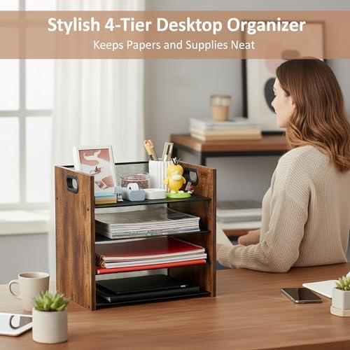 Desk Organizer, 4 Tier Desktop File Organizer and Paper Tray Organizer, Office Desk Accessories for Mail, Documents, Papers, Notebooks and Home Office Storage