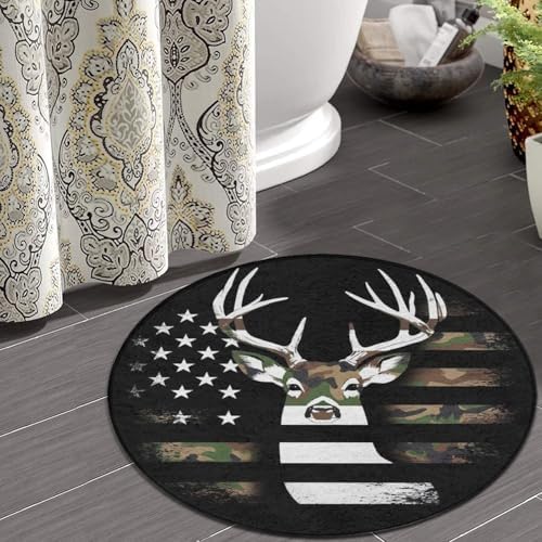 Circular Rugs Large Modern Round Area Rug Fashion Decor Mat for Home Office Camo Deer Hunting Camouflage USA Flag
