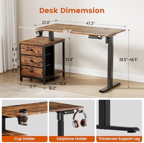 REAHOME 47 Inch Rustic Brown Height Adjustable Standing Desk with Drawers