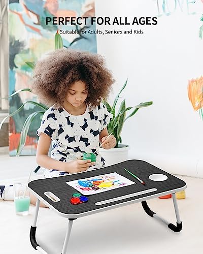 FISYOD Foldable Laptop Table, Portable Lap Desk Bed Table Tray, Laptop Stand with Cup Holder & Tablet Slot & Lifting Handle for Working Writing Drawing & Eating (Black)