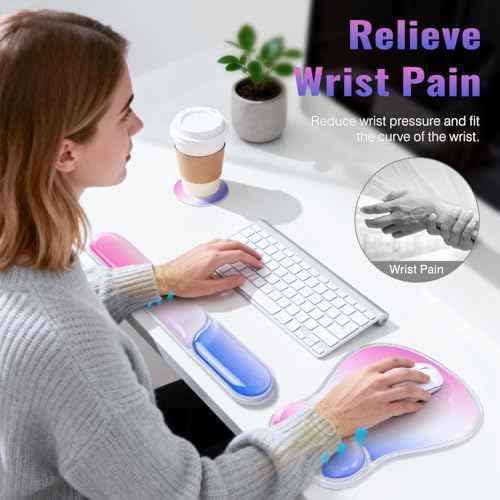 Ospelelf Mouse Pad with Wrist Rest Set Gel Ergonomic Keyboard Wrist Support Anti-Slip Rubber Bottom Office Women Desk Accessories for Computer, Laptop and Gaming, Pink and Blue