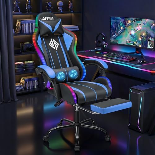 HOFFREE LED Gaming Chair with Massage RGB Lights Computer Game Chair-Blue