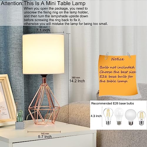 Rose Gold Bedside Table Lamp,Modern Small Desk Lamp with TC Fabric Shade Geometric Metal Base for Kids Living Room Bedroom Nightstand