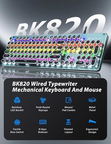 Typewriter Style Mechanical Gaming Keyboard Blue Switch, Rainbow LED Backlit Wired Computer Keyboards Mouse and Pad Combo, Metal Panel Retro Punk Round Keycaps, 104 Keys Anti-Ghost for PC Laptop Gamer