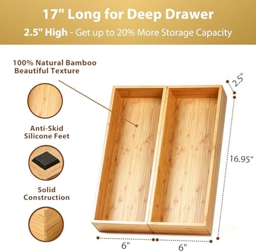 Umilife Bamboo Kitchen Utensils Organizer, Extra Long High Silverware Drawer Holder, Flatware Cutlery Storage Box, Multi-Use Drawer Divider in Office, Bathroom, Pantry - 17"x6"x2.5" (Set of 2)