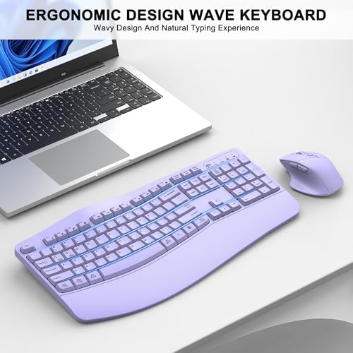 Wireless Keyboard and Mouse Combo, 2.4G Ergonomic Wave Keys(Purple)