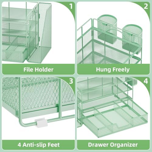 Marbrasse 4-Tier Paper Tray Organizer with Drawer and Pen Holder, Green
