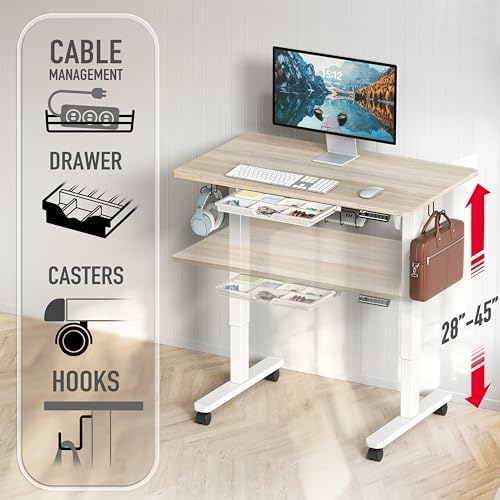 SHW Mobile Electric Height Adjustable Standing Desk w/Drawer, Maple