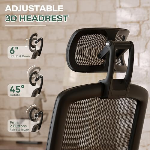 GABRYLLY Ergonomic Office Chair, High Back Home Desk Chair with Footrest,3D Headrest, Flip-Up Arms, 135° Tilt and Wide Cushion, Heavy Duty Mesh Chairs for Task Computer Gaming, Black