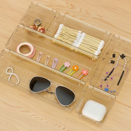 6 Pack Clear Drawer Organizer Set, Drawer Storage Trays, Storage Bins
