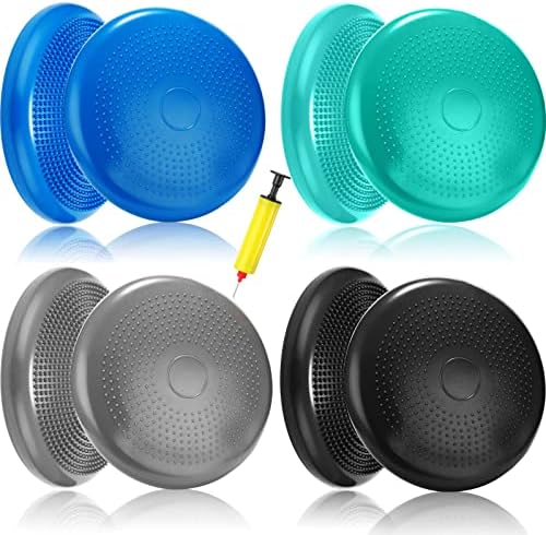 Sotiff 4 Pcs Inflated Wobble Cushion Wiggle Seat for Sensory Kids Flexible Seat for Classroom Wobble Disc with Inflation Pump Stability Balance Board for Adult Physical Therapy Exercise