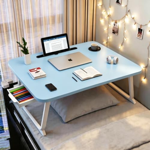 27.6" Home Office Folding Lap Desk with Drawer, Tablet Slot, Cup Holder - Fits up to 18 Inch Laptops, Bed Desk for Reading, Writing, Eating, Portable Laptop Table for Sofa, Coach, Floor (Blue)