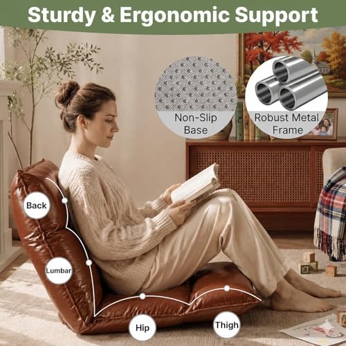 Floor Chair with Back Support, 42-Position Adjustable Gaming Chair for Adults, Faux Leather Floor Lounger, Reading Chairs with Neck Support, Foldable Floor Seat for Sleeping, Gaming (Brown)