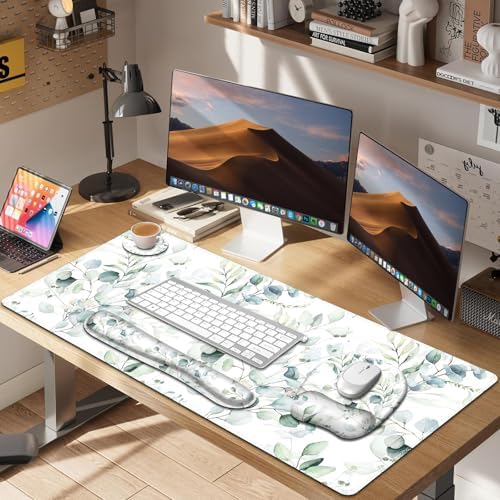 Large Mouse Pad with Wrist Support 4in1 Set, XXL Big Game Mousepad +Keyboard Wrist Rest+Mouse Wrist Rest+Coaster with Ergonomic Design Gaming Mat for Home Office Computer I Eucalyptus Branches