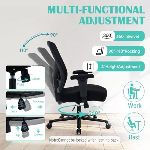 600lbs Big and Tall Office Chair with Wide Thick Seat Cushion for Heavy People Ergonomic Computer Mesh Desk Chairs with Memory Foam Seat, Adjustable Lumbar Support for Adults 8 Hours daliy Work