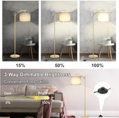 LALISU Standing Floor Lamp for Living Room, Linen Shade Floor Lamp, Gold