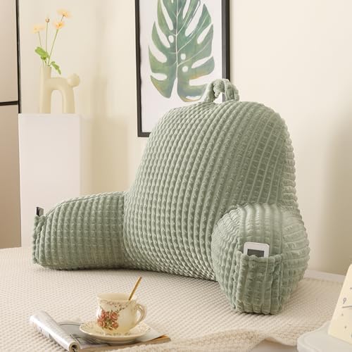Reading Pillow with Arms for Sitting in Bed,Backrest,Green Flannel,M