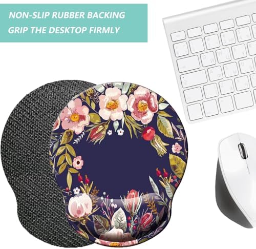 Mouse Pad with Wrist Support, Ergonomic Mouse Pad with Memory Foam Wrist Rest Cushion, Non-Slip Rubber Base Gaming Mice Pad for Home Office Computer Laptop, Flower Wreath
