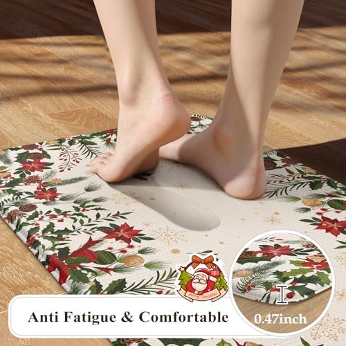 KIMODE Christmas Decor Kitchen Mats Cushioned Anti Fatigue, Beige Farmhouse Kitchen Rugs Sets of 2, Padded Kitchen Floor Mats, Non Slip Standing Mats for Christmas Decorations Laundry Office Desk